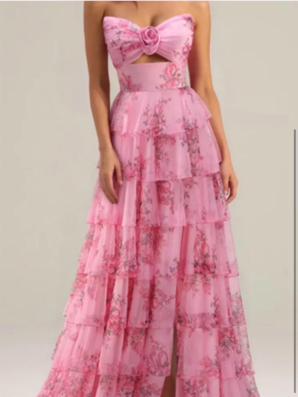 Strapless Pink Floral Tiered Maxi Dress